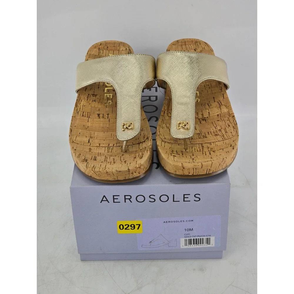 Aerosoles Clio Sandals Womens Size 10M Gold T-Strap Cork Wedge - New
